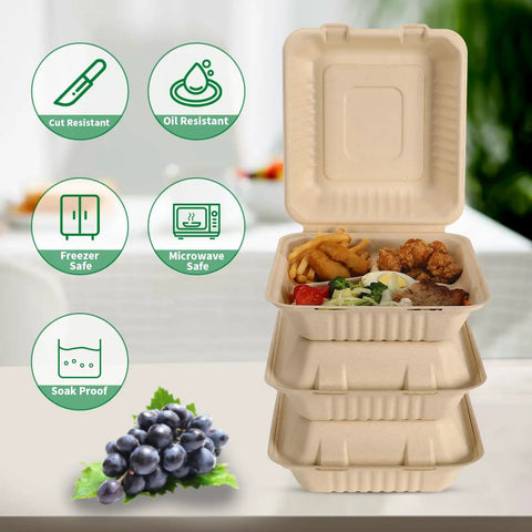 Stacked 100 Pack 3-Compartment Compostable Takeout Lunch Boxes With Lids 8x9 Inch Clamshells For Food To Go Eco Friendly Bagasse PFAS Free