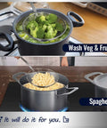 Solid Stainless Steel Spider Strainer Skimmer Ladle For Cooking And Frying, wire pasta spoon in pot with pasta and vegetables