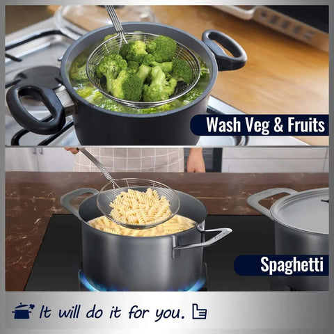 Solid Stainless Steel Spider Strainer Skimmer Ladle For Cooking And Frying, wire pasta spoon in pot with pasta and vegetables