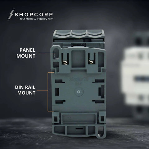 Back view of Three Pole Contactor With 120V Coil, 30 Amp Normally Open 1NO/1NC Auxiliary, IEC 660V Rated, showing DIN rail mount