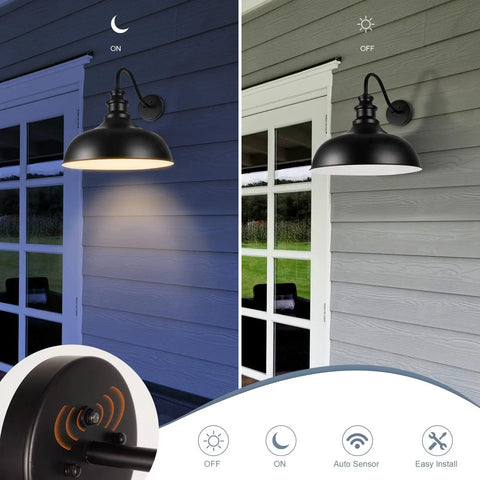 Dusk To Dawn Outdoor Barn Light 20 Inch Dome Exterior Fixture With No Fuss Auto Sensor For Porch Entryway Garage Black Finish