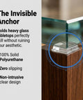 The Invisible Anchor holding heavy glass tabletop with self adhesive 1 inch square rubber bumpers pack of 20 for cutting boards.