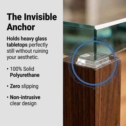 The Invisible Anchor holding heavy glass tabletop with self adhesive 1 inch square rubber bumpers pack of 20 for cutting boards.