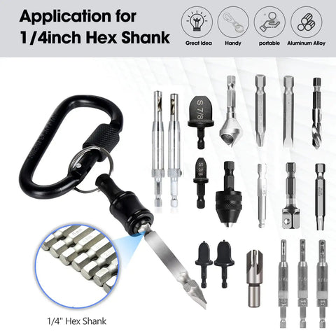 One Quarter Inch Hex Shank Bit Holder Extension Bar Keychain Screw Adapter with various drill bits and carabiner clip