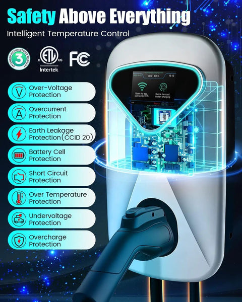 Fast Level 2 EV Charger 48 Amp 11.5kW 240V with safety features and NEMA 14-50 plug 25ft J1772 Cable RFID Card