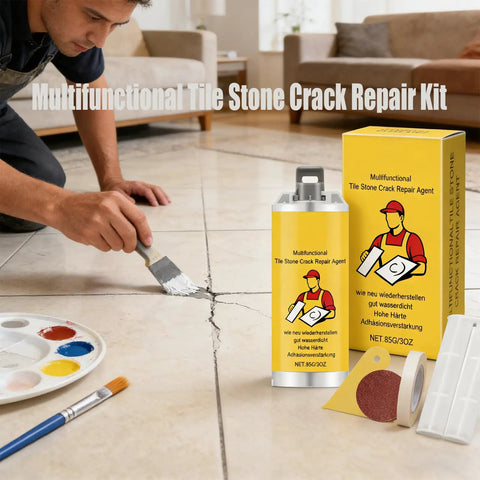 Fast Dry Tile Repair Glue Kit for cracks chips and gaps on ceramic porcelain floor with pigments and tools visible
