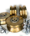 Heavy Duty Four Inch V Groove Gate Rollers With Double Bearings Rated For Three Thousand Pounds, complete hardware bundle.