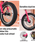 Front wheel of Folding Tricycle With Rear Passenger Seat And Backrest In PU Leather Adjustable Height Tandem Rickshaw Pedal Bike Dual Brakes Pneumatic Spoke Wheels Front Disc Brake Cruiser Style For Hanging Out And Easy City Rides.