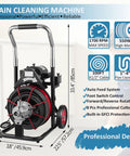 Heavy Duty Electric Sewer Auger And Drain Cleaner Machine featuring 100 Ft Half Inch Steel Cable and 550W High Torque Motor on a sturdy stand.