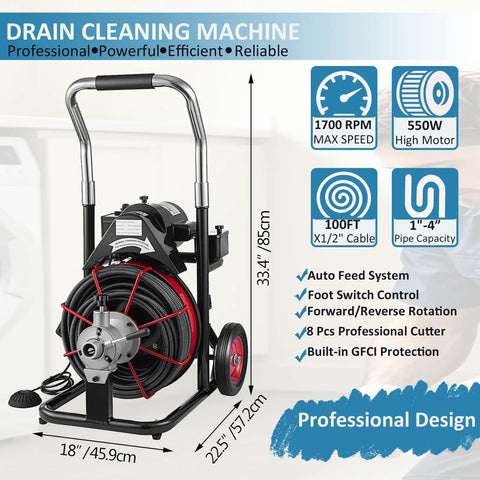 Heavy Duty Electric Sewer Auger And Drain Cleaner Machine featuring 100 Ft Half Inch Steel Cable and 550W High Torque Motor on a sturdy stand.