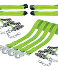 Eight Point Vehicle Tie Down Kit With Snap Hook Ends And Chain Tail On Ratchet Ends Set Of Four Reflective High Viz Neon Webbing