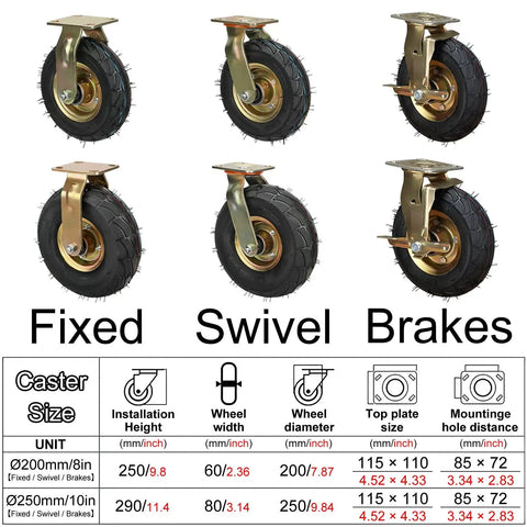 Built Ridiculously Tough Heavy Duty Pneumatic Caster Wheels 8 Inch 10 Inch Swivel options with air filled rubber tires for outdoor use.