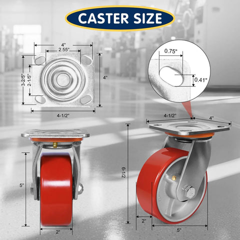 Front view: set of 4 ZDNEY 5x2 in heavy-duty swivel caster wheels with red polyurethane tires and steel plates