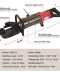 Heavy Duty 1500W Electric Hydraulic Rebar Bender For Steel Rods Up To 1 Inch #8 And 25mm, with copper motor and ergonomic handle.
