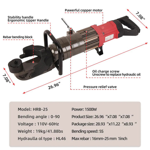 Heavy Duty 1500W Electric Hydraulic Rebar Bender For Steel Rods Up To 1 Inch #8 And 25mm, with copper motor and ergonomic handle.