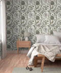 Straight Up Stunning Jumbo Floral Neutral Wallpaper With Matte Linen Texture And Durable Pvc Free Build Zero Hassle Paste To Paper Install For Kitchens Bathrooms And Commercial Spaces in a bedroom with light wood furniture.
