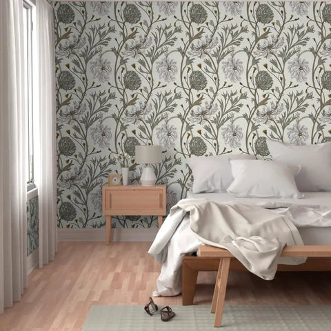 Straight Up Stunning Jumbo Floral Neutral Wallpaper With Matte Linen Texture And Durable Pvc Free Build Zero Hassle Paste To Paper Install For Kitchens Bathrooms And Commercial Spaces in a bedroom with light wood furniture.