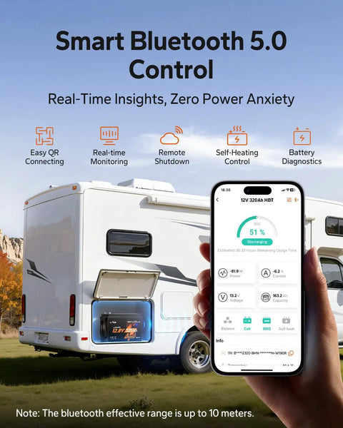 Smart Bluetooth 5.0 control interface showing power status for Compact 12V 320AH LiFePO4 Battery With Fast Self Heating Element.