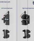 Heavy Duty Two Sided Gate Latch With Key Lock And Upgraded Spring Loaded Pull Cord shown in left-handed and right-handed applications.