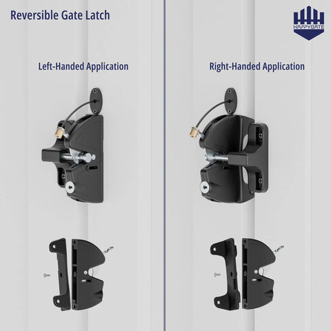 Heavy Duty Two Sided Gate Latch With Key Lock And Upgraded Spring Loaded Pull Cord shown in left-handed and right-handed applications.