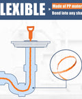 Illustration of Pro Grade Long Reach Drain Clog Remover Kit with flexible PP material and shape, showcasing bending capability in pipes.