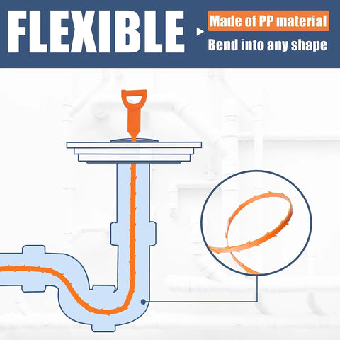 Illustration of Pro Grade Long Reach Drain Clog Remover Kit with flexible PP material and shape, showcasing bending capability in pipes.