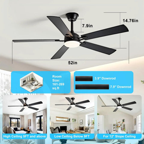 52 Inch Indoor Outdoor Ceiling Fan With Light And Remote Control, 6 Speeds, 3 CCT Dimmable, Quiet Operation, Dual Sided Blades