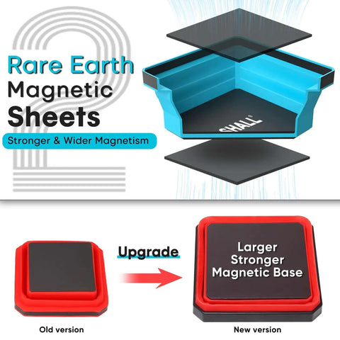 Comparison of New Version Collapsible Magnetic Parts Tray Set Four Pack with Rare Earth Magnetic Sheets and larger magnetic base.