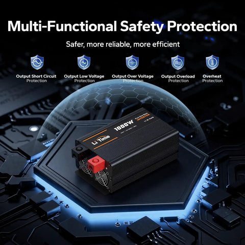 1000 Watt Pure Sine Wave Inverter For RV And Off Grid Power, showcasing its multi-functional safety features.