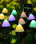 Mushroom Solar String Lights 20-Pack, 37.7ft Fairy Color Changing Outdoor Pathway Lights With 8 Modes in garden setting.