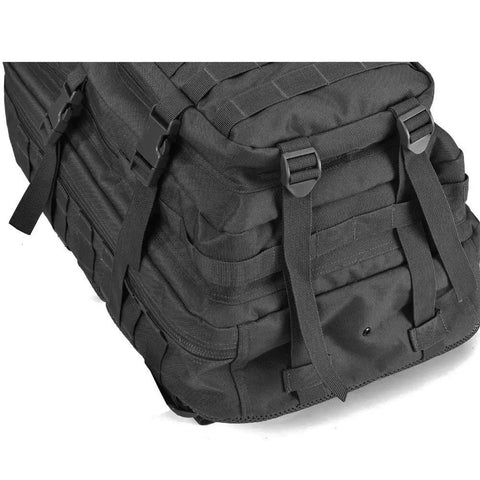 Close-up of 40L Tactical Backpack with MOLLE System showing heavy-duty straps and MOLLE webbing, ideal for hiking and camping.