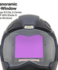 Panoramic Welding Helmet With True Color Auto Darkening Filter Three Window Design Built In Cooling Fan And LED Headlamp ANSI Z87.1 Plus Certified Ideal For Pros And DIYers, front view.