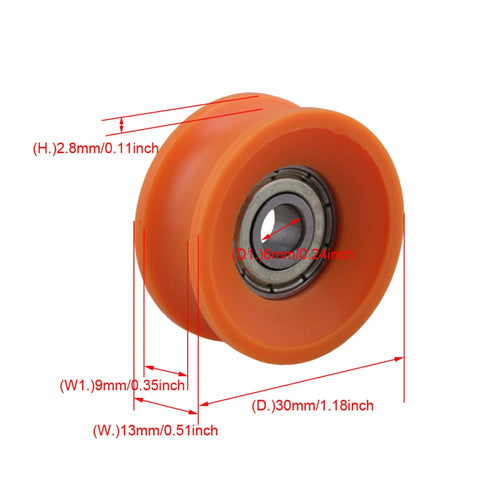 Top Shelf 4 Piece U Groove Pom Pulley Pack Featuring A Clean 6 mm Bore And 30 mm Rim Built Tough For 79 Kg Load Capacity And Slick Fast Spin On Any Hardworking DIY Assembly Project, orange POM pulley with bearing dimensions.