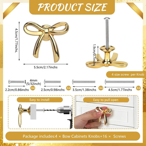 Gold Bow Dresser Knobs 4 Pack Zinc Alloy Cabinet Hardware Brushed Brass Drawer Pulls For Kitchen Cabinets And Bedroom Decor Dope Vintage Style Upgrade, 5.5cm x 4.5cm