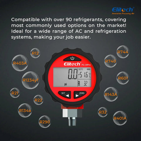 Digital Pro Grade Two Way AC Manifold Gauge With Digital Pressure Readout compatible with multiple refrigerants, shown in display.