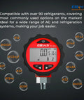 PG-30Pro Digital High Pressure Gauge For HVAC And Refrigeration, 87 Refrigerants, 14.5 To 800 PSI, 1 8 NPT, Temperature-Compensated Sensor, Blue Backlit LCD Display For Precise Readings on red gauge face with refrigerant labels