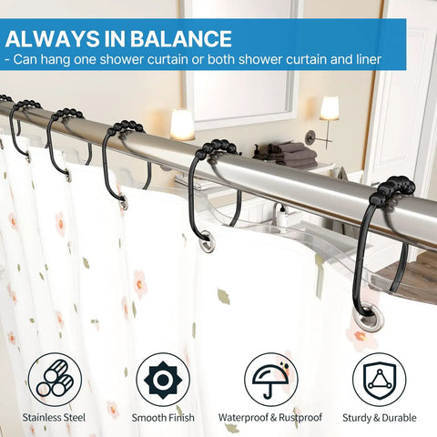 12 Pack Wide Shower Curtain Hooks, Rustproof Stainless Steel Heavy Duty Curtain Rings With Smooth Glide Rollers on rod
