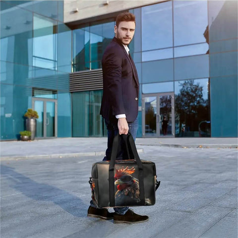 Man holding Waterproof Weekender Carry On Duffel For Women Durable Gym Bag And Overnight Travel Tote with Black Rooster Design