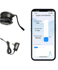 WiFi Tank Level Monitor Sensor With Ultrasonic Contactless Readings IP67 Waterproof shown with app interface and power cable