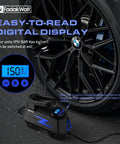 Portable 12V Car Tire Inflator Air Pump With LED Light and 150 PSI Digital Gauge near a car wheel