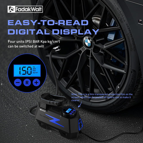 Portable 12V Car Tire Inflator Air Pump With LED Light and 150 PSI Digital Gauge near a car wheel