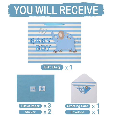 16.5 Inch Extra Large Baby Boy Gift Bag Set With Handles Greeting Card Blue Tissue Paper And Stickers 3D Elephant Design