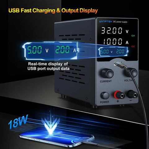 Pro Grade Adjustable DC Power Supply 30V 10A With Precision Encoder Knob 4 Digit LED Display USB Fast Charge Real Time Output Readout