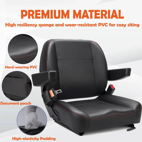 Universal Forklift And Tractor Seat With Micro Switch, Armrest And Safety Belt showing durable PVC and high elasticity padding