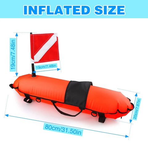 High Visibility Spearfishing Buoy Torpedo Float with Dive Safety Flag and 82 Foot Rope Inflatable Surface Signaling Float
