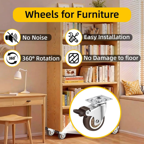 1 Inch Heavy Duty Caster Wheels Set Of 4 With Brakes 100 Lb Capacity Swivel Furniture Casters under wooden bookshelf in room