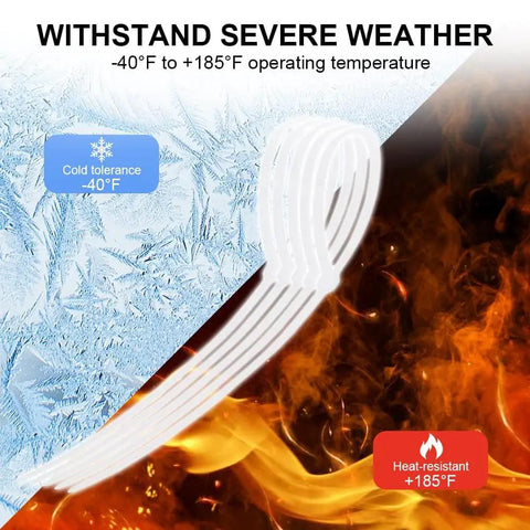 Heavy Duty 12 Inch Zip Ties 100 Pack Self Locking Nylon Cable Ties White for Indoor and Outdoor Use with weather icons.