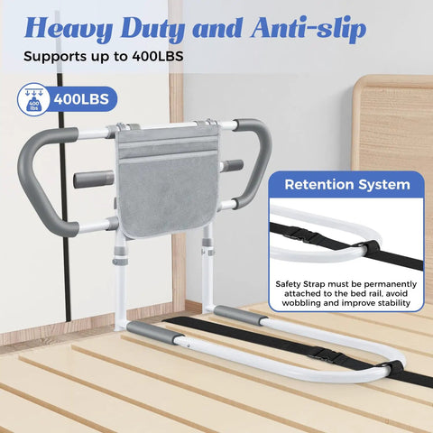 Adjustable Bed Rails For Elderly Safety Up To 400 Lb With Pocket Portable Assist Handle shown with retention system