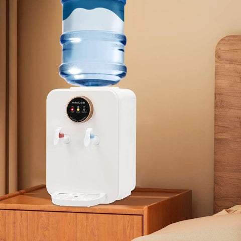Countertop Water Dispenser With Hot Cold And Room Temperature Settings Desktop Water Cooler For 1 To 5 Gallon Jugs Ideal For Home Office Dorm Your Go To Hydration Station With Easy Pour And Durable White Finish on a wooden surface
