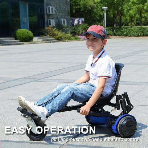 Child using Hoverboard Go Kart Attachment With Dual Shock Absorbers And 6 Inch Off Road Wheel on pavement